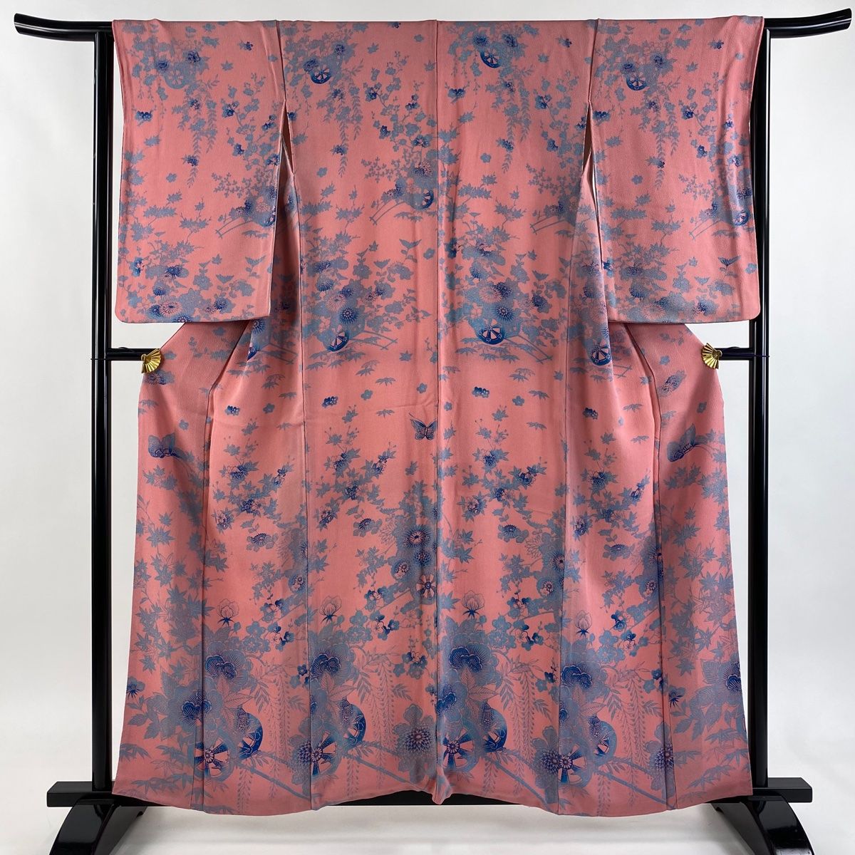 小紋 身丈157 5 cm 裄丈63 S 袷 花車 蝶 縮緬 ぼかし ピンク 正絹 秀品