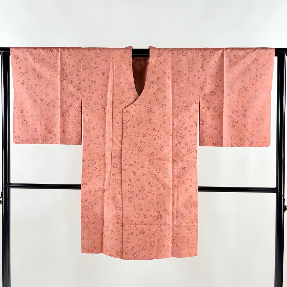  道行 身丈98.5 cm 裄丈64 M 和装コート 千代田衿 紬地 花唐草 サーモンピンク 正絹 秀品 羽織 着物 浴衣