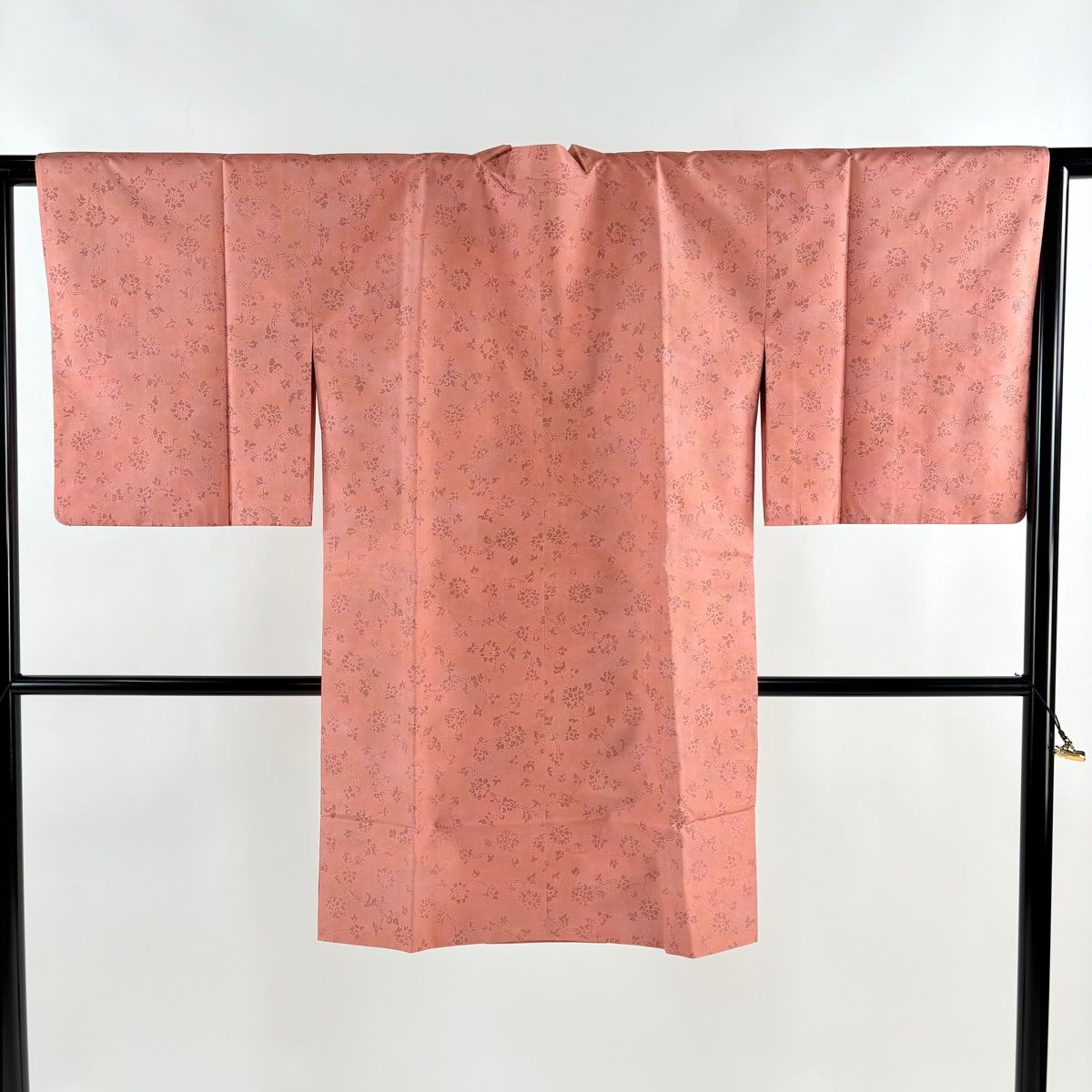 道行 身丈98.5 cm 裄丈64 M 和装コート 千代田衿 紬地 花唐草 サーモンピンク 正絹 秀品