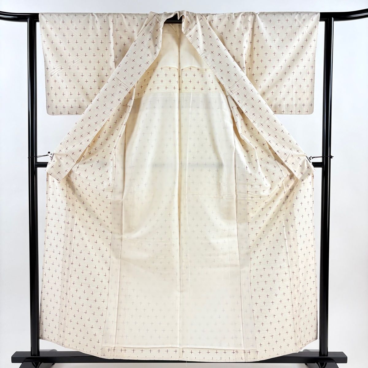  紬 身丈159 cm 裄丈62.5 S 単衣 十字絣 クリーム 正絹 秀品 紬 着物