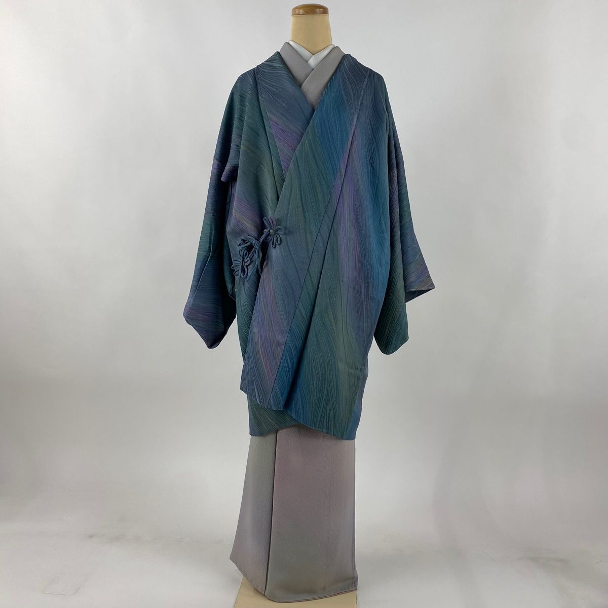 道中着 身丈94.5 cm 裄丈67 M 和装コート ほていや 落款 地紋 ぼかし 青灰色 正絹 秀品