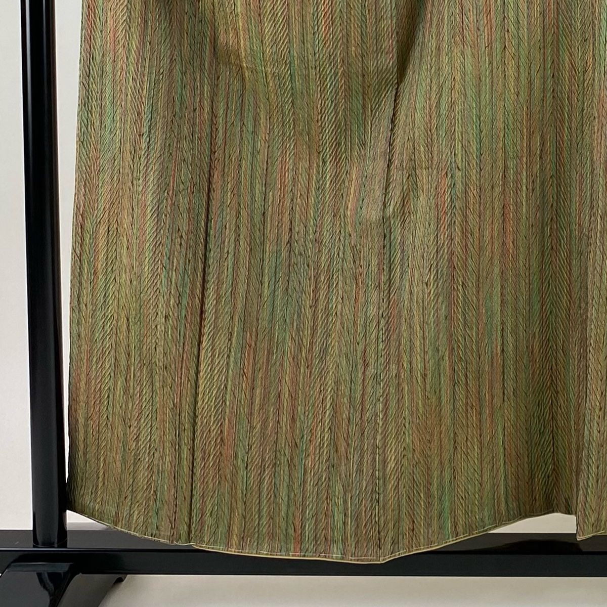 小紋 身丈156 cm 裄丈61 S 袷 ほていや 縦縞 絞り 灰緑 正絹 秀品