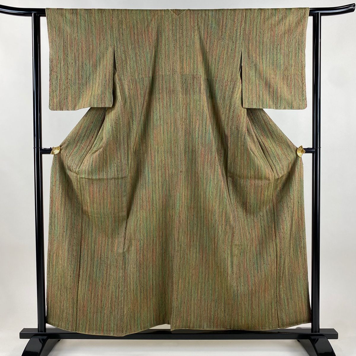 小紋 身丈156 cm 裄丈61 S 袷 ほていや 縦縞 絞り 灰緑 正絹 秀品