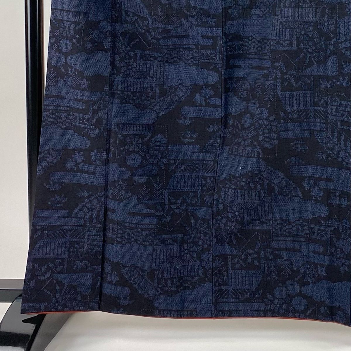 紬 身丈163 cm 裄丈67.5 L 袷 ヱ霞 建物 紺色 正絹 秀品