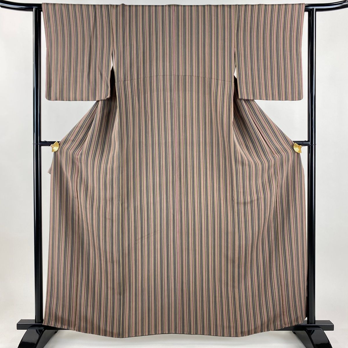 小紋 身丈160 cm 裄丈62 S 袷 縦縞 縮緬 灰紫 正絹 秀品