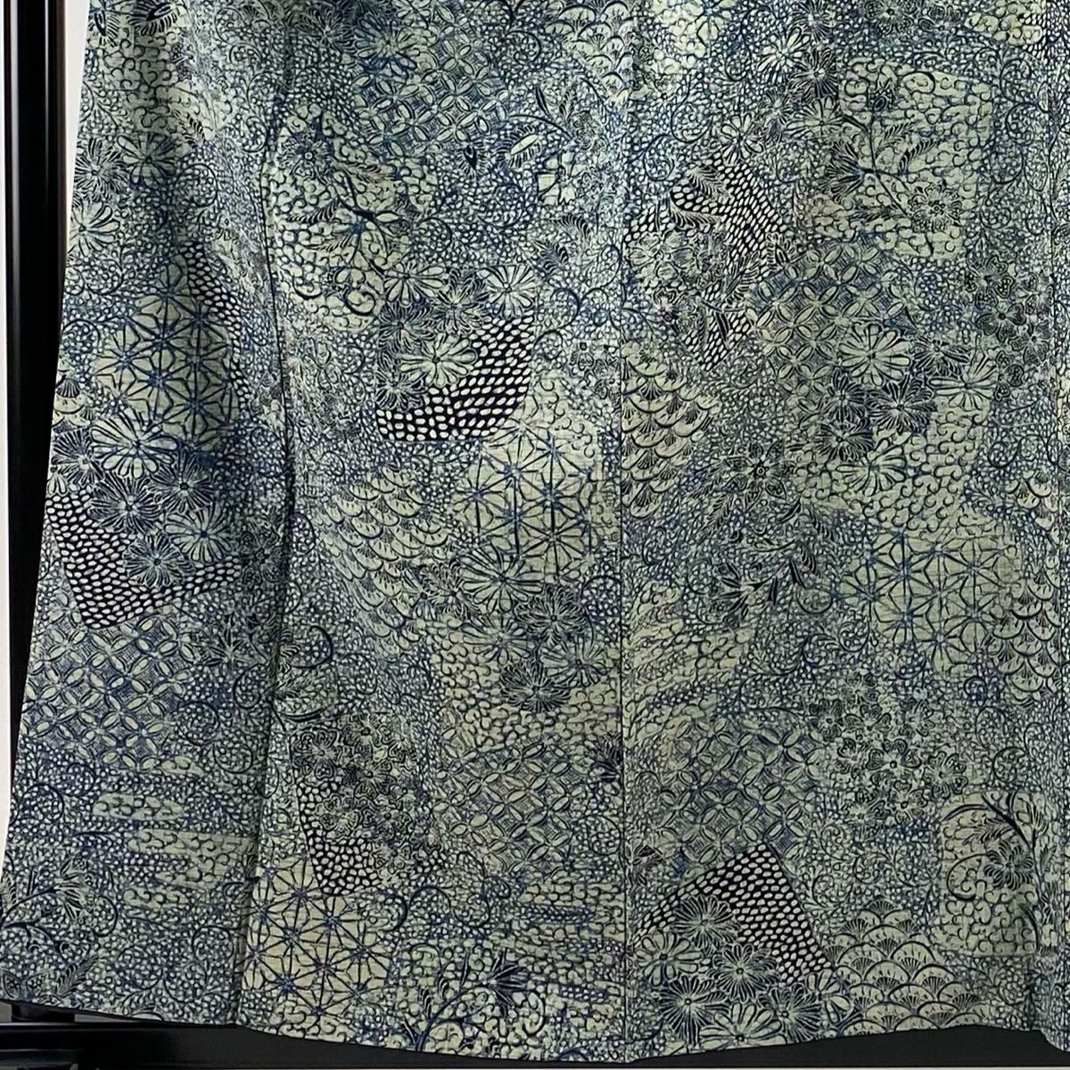 小紋 身丈159 5 cm 裄丈65 M 袷 紬地 草花 色紙 青灰色 正絹