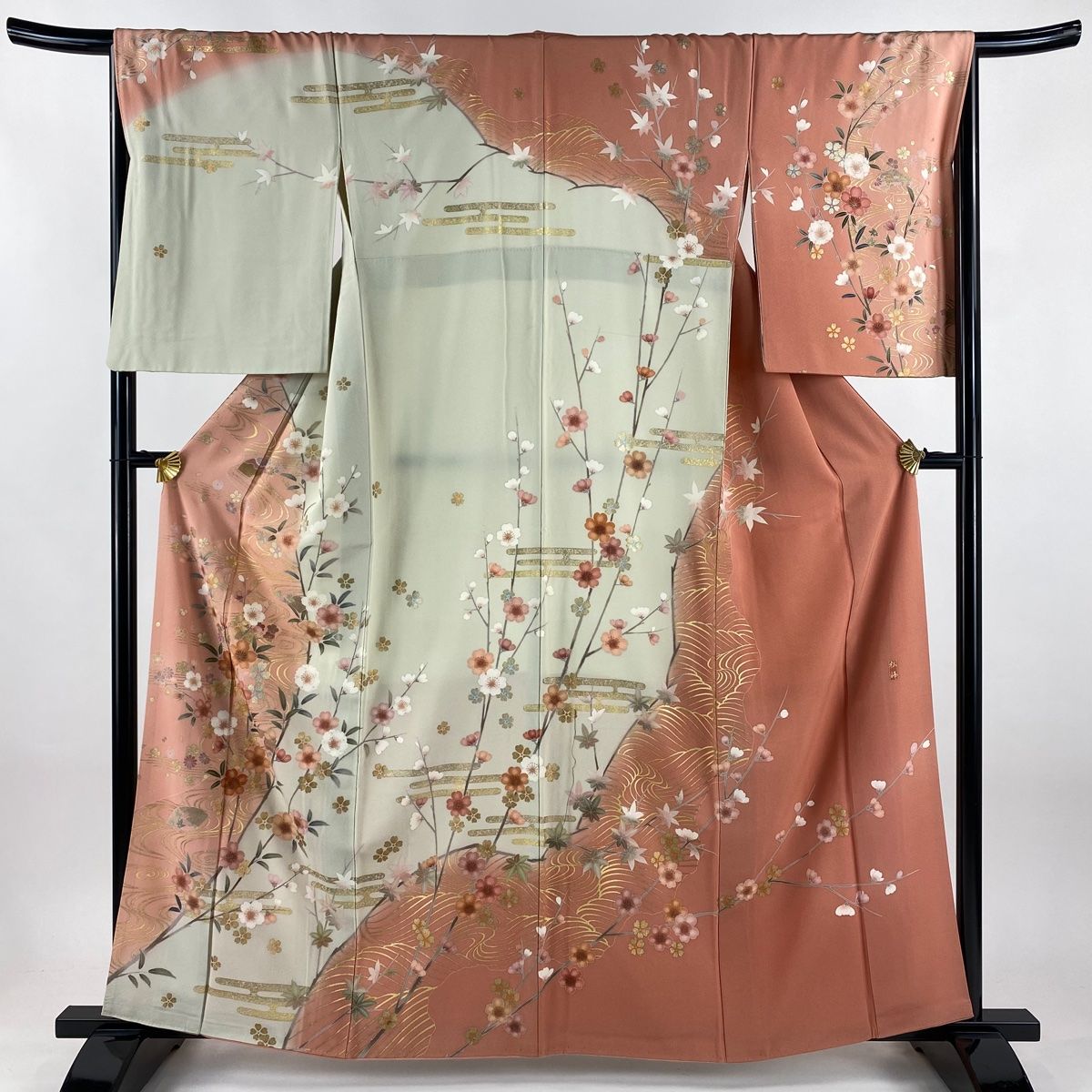 訪問着 身丈161.5cm 裄丈67cm M 袷 鈴乃屋 落款 桜 流水 金彩 染め分け