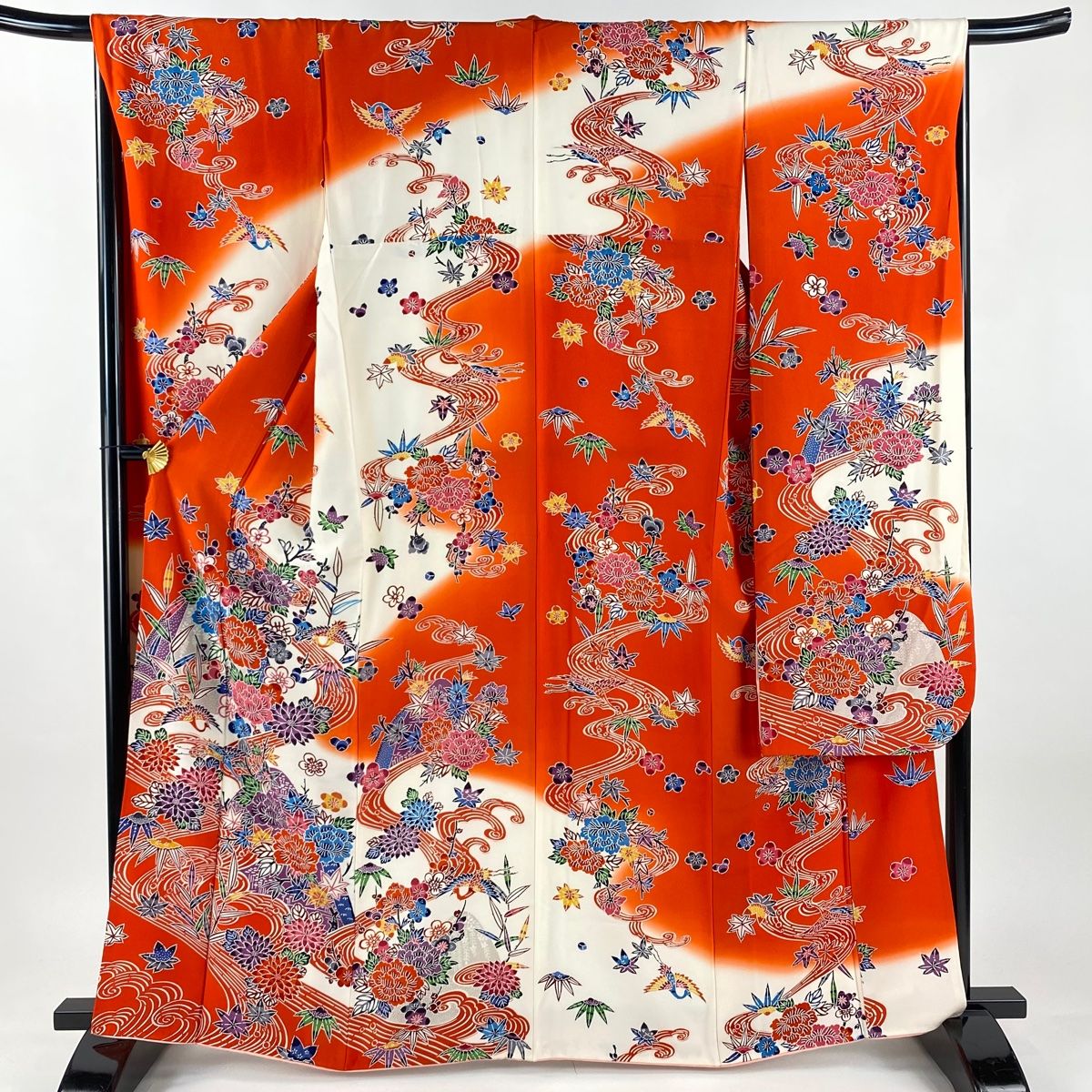 振袖 身丈164.5cm 裄丈67.5cm L 袷 購入 鶴 草花 染め分け 朱色 正絹