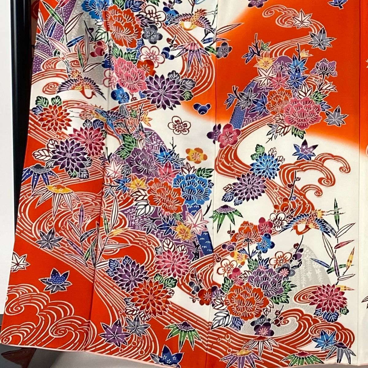 振袖 身丈164.5cm 裄丈67.5cm L 袷 購入 鶴 草花 染め分け 朱色 正絹