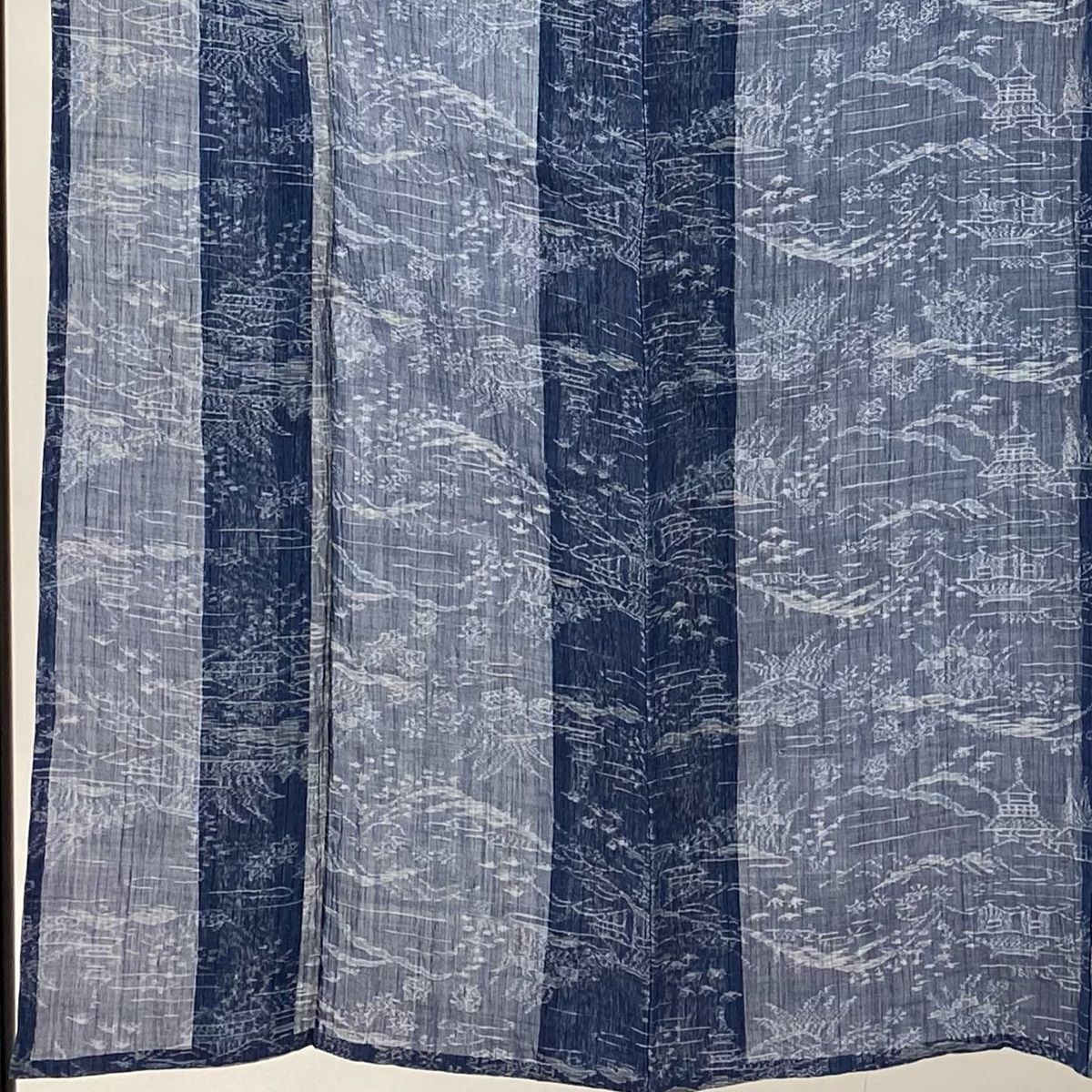 紬 身丈151 cm 裄丈62.5 S 薄物 風景 建物 青灰色 麻