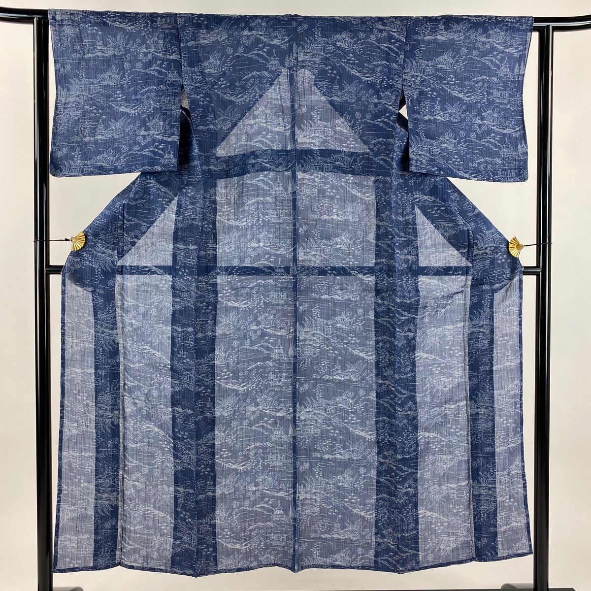 紬 身丈151 cm 裄丈62 5 S 薄物 風景 建物 青灰色 麻