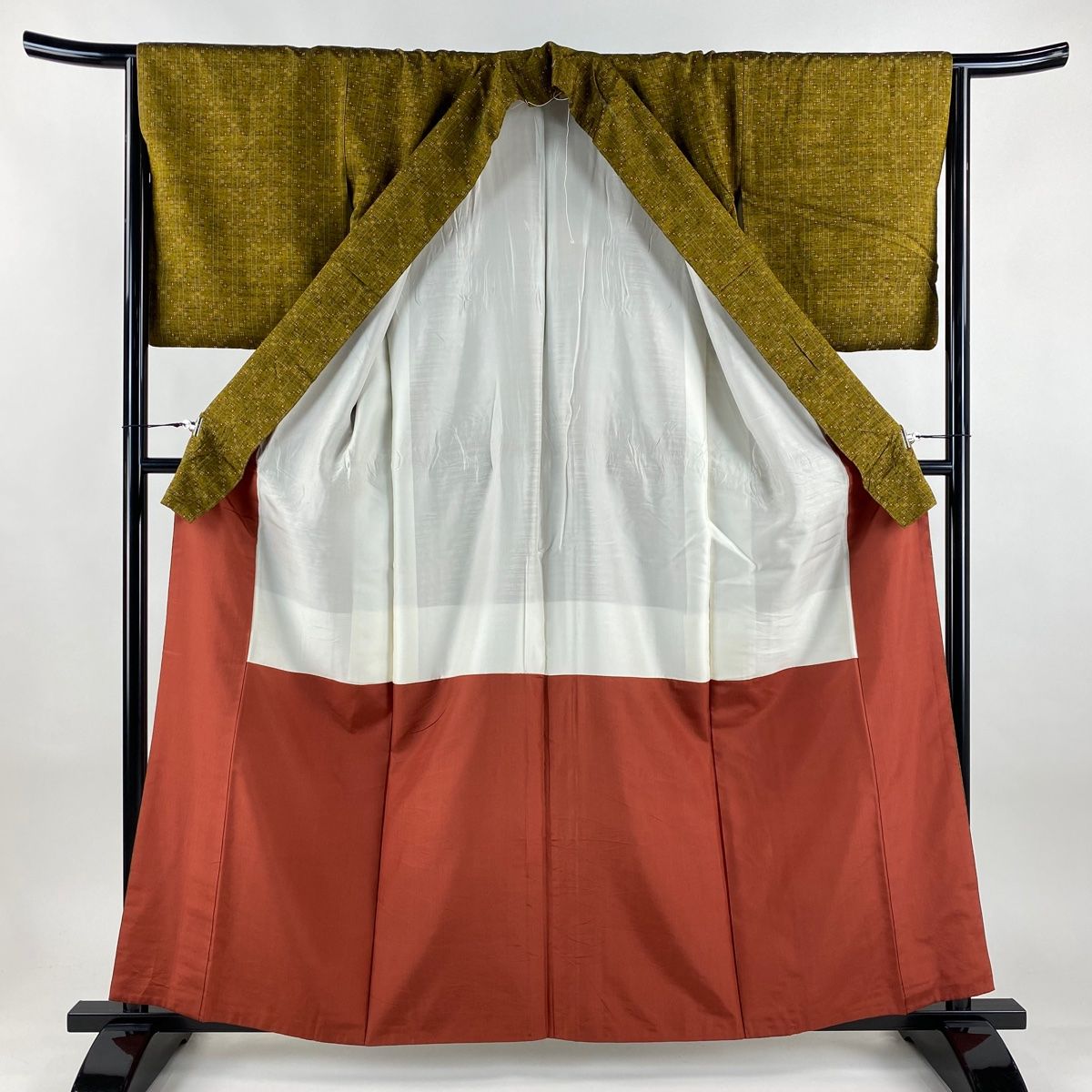  紬 身丈160 cm 裄丈65 M 袷 斜め格子 縦縞 山吹茶色 正絹 紬 着物