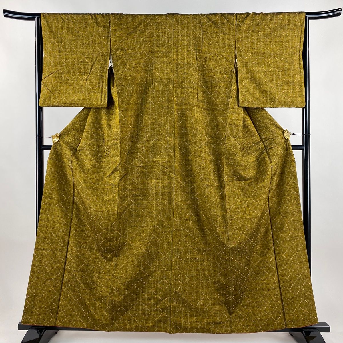 紬 身丈160 cm 裄丈65 M 袷 斜め格子 縦縞 山吹茶色 正絹