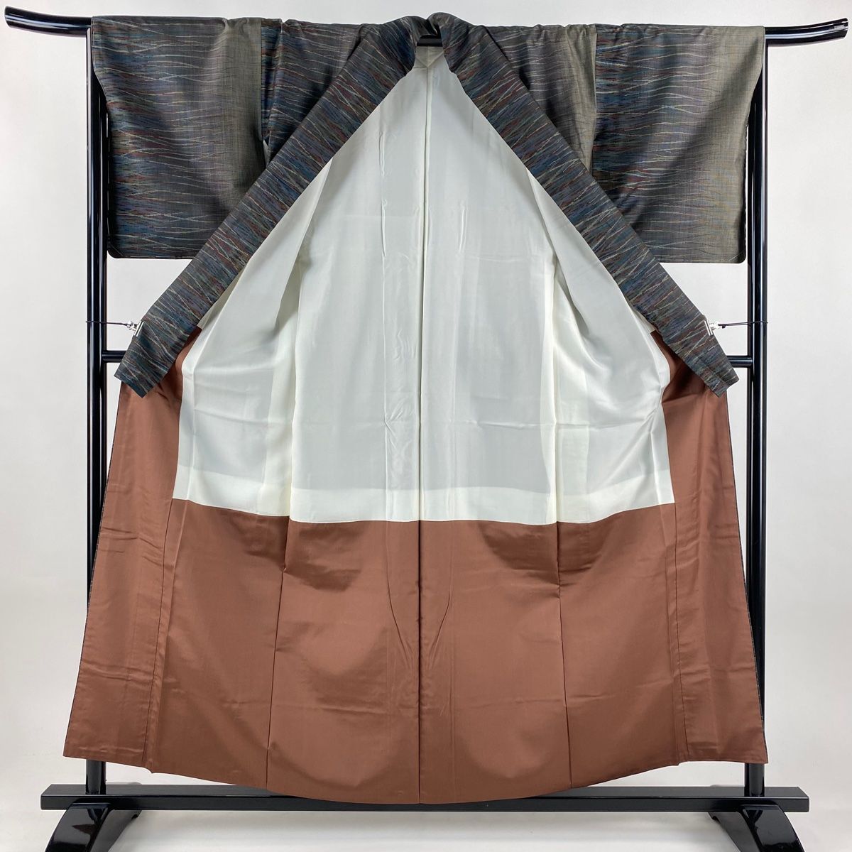  紬 身丈158 cm 裄丈66 M 袷 幾何学 焦茶色 正絹 紬 着物