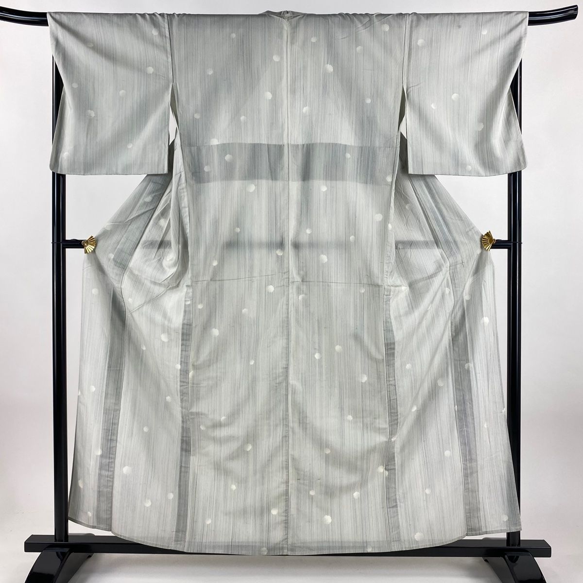 小紋 身丈158 cm 裄丈69 L 薄物 夏牛首紬地 落款 証紙 縦縞 雪輪 灰緑 正絹