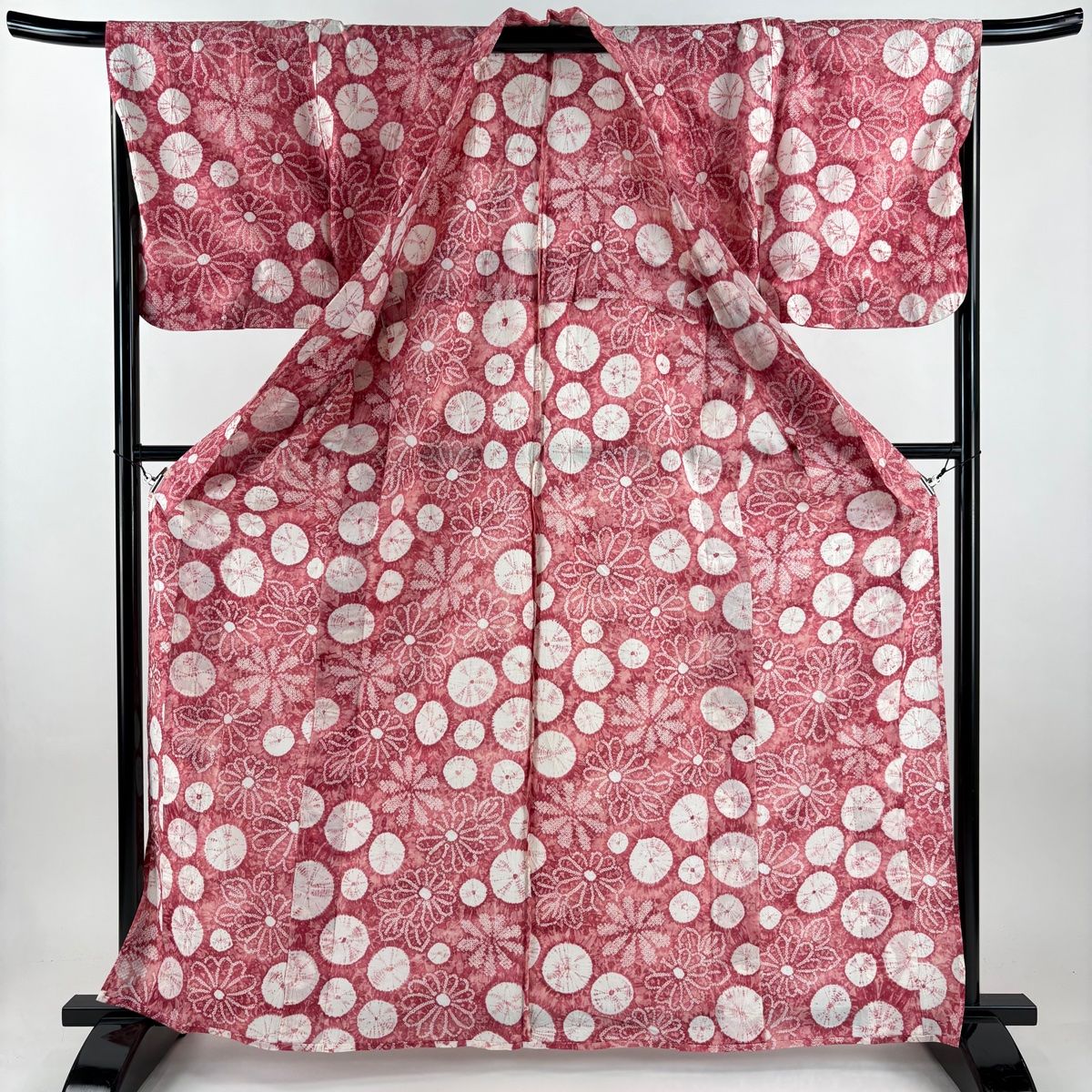 美品】 浴衣 身丈162.5cm 裄丈67cm M 絞り浴衣 菊 濃ピンク 綿 名品