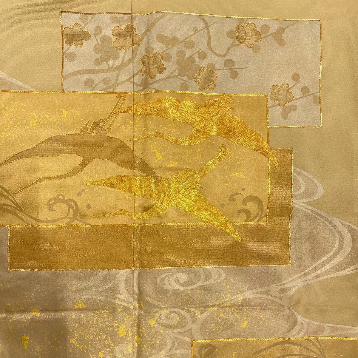  色留袖 身丈160 cm 裄丈63 S 袷 鶴 流水 金糸 金彩 薄茶色 正絹 一つ紋 色留袖 着物