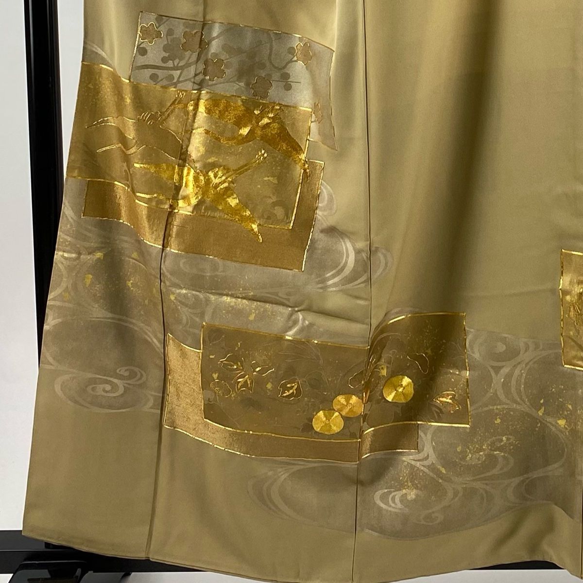 色留袖 身丈160 cm 裄丈63 S 袷 鶴 流水 金糸 金彩 薄茶色 正絹 一つ紋