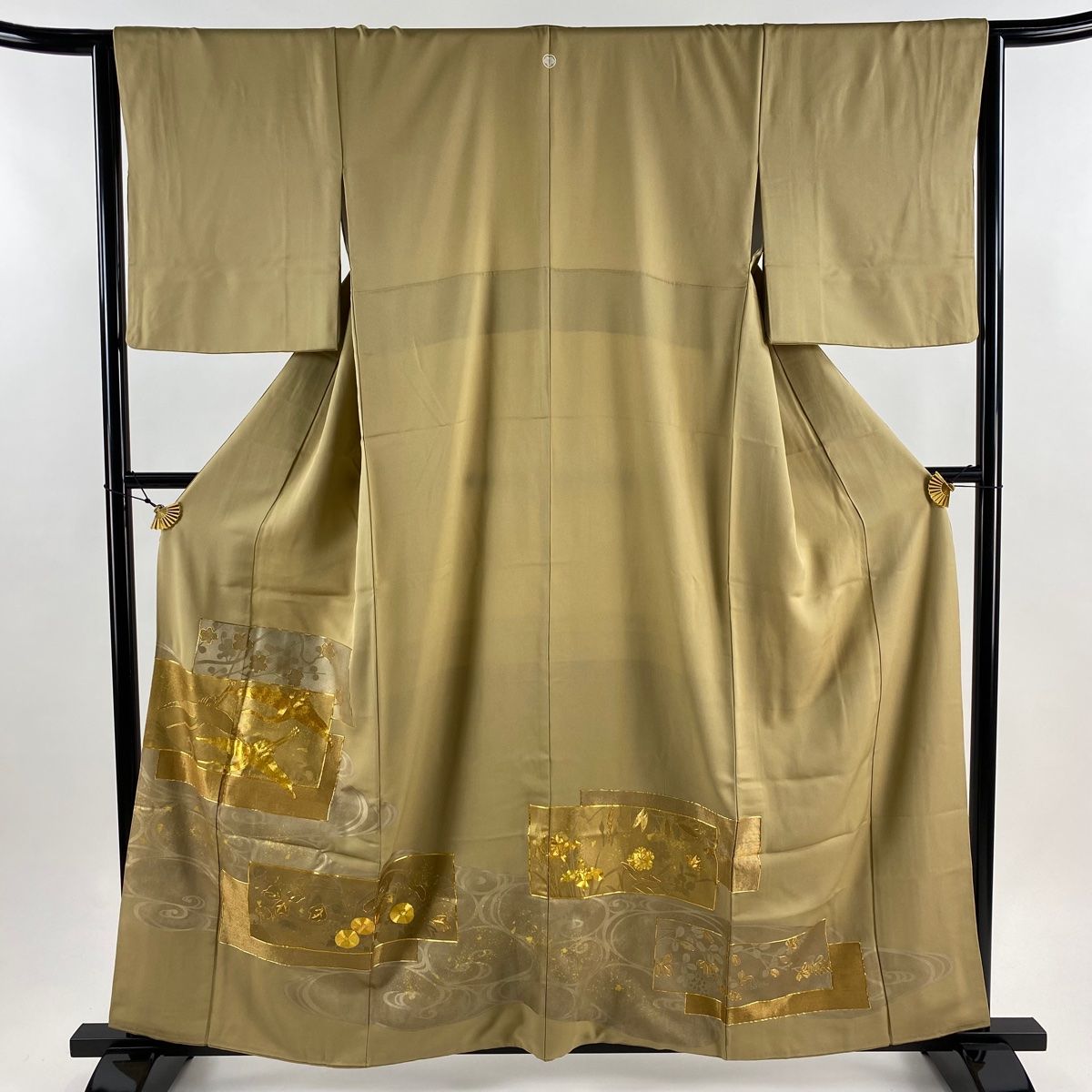 色留袖 身丈160 cm 裄丈63 S 袷 鶴 流水 金糸 金彩 薄茶色 正絹 一つ紋