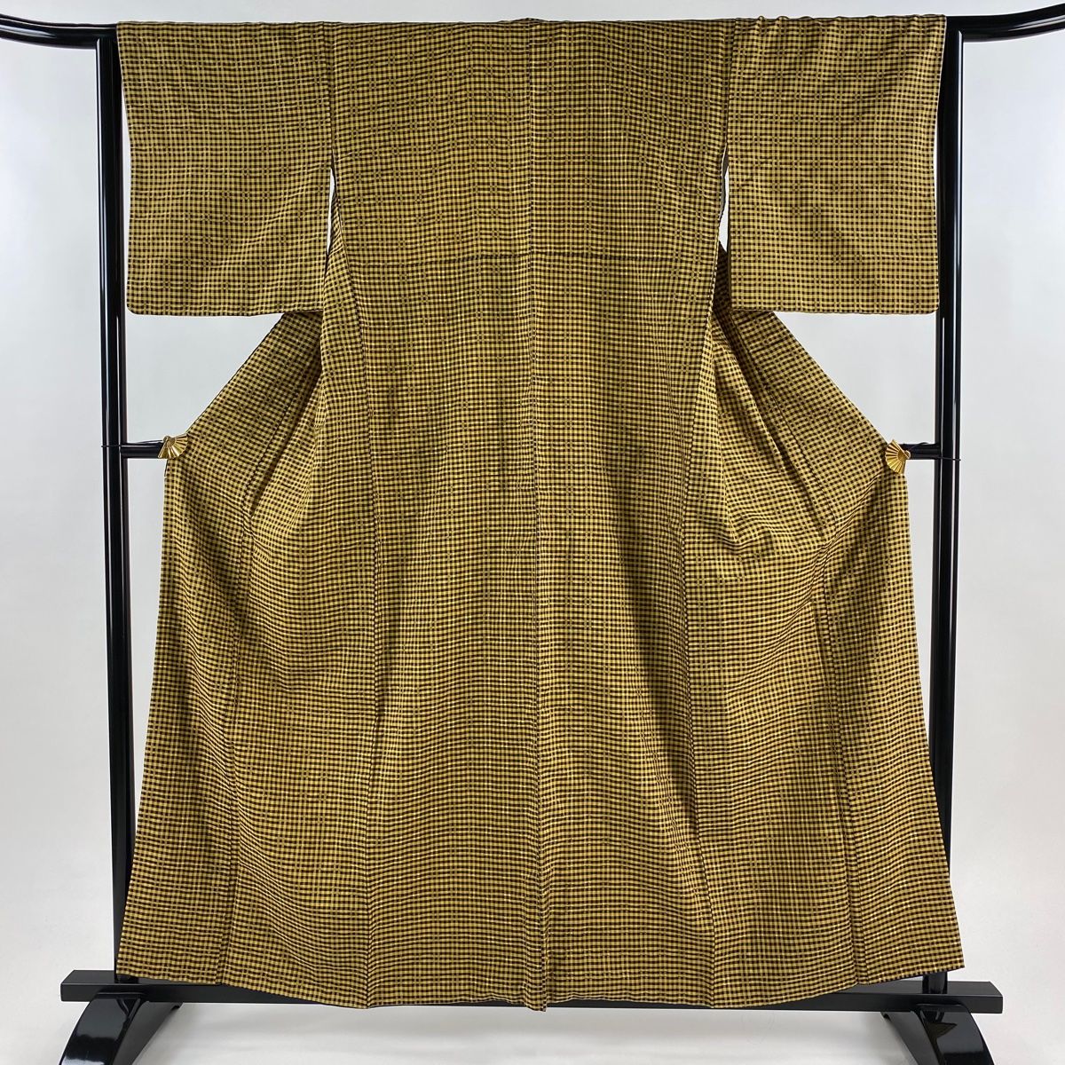 紬 身丈159 cm 裄丈64 M 袷 格子 黄土色 正絹