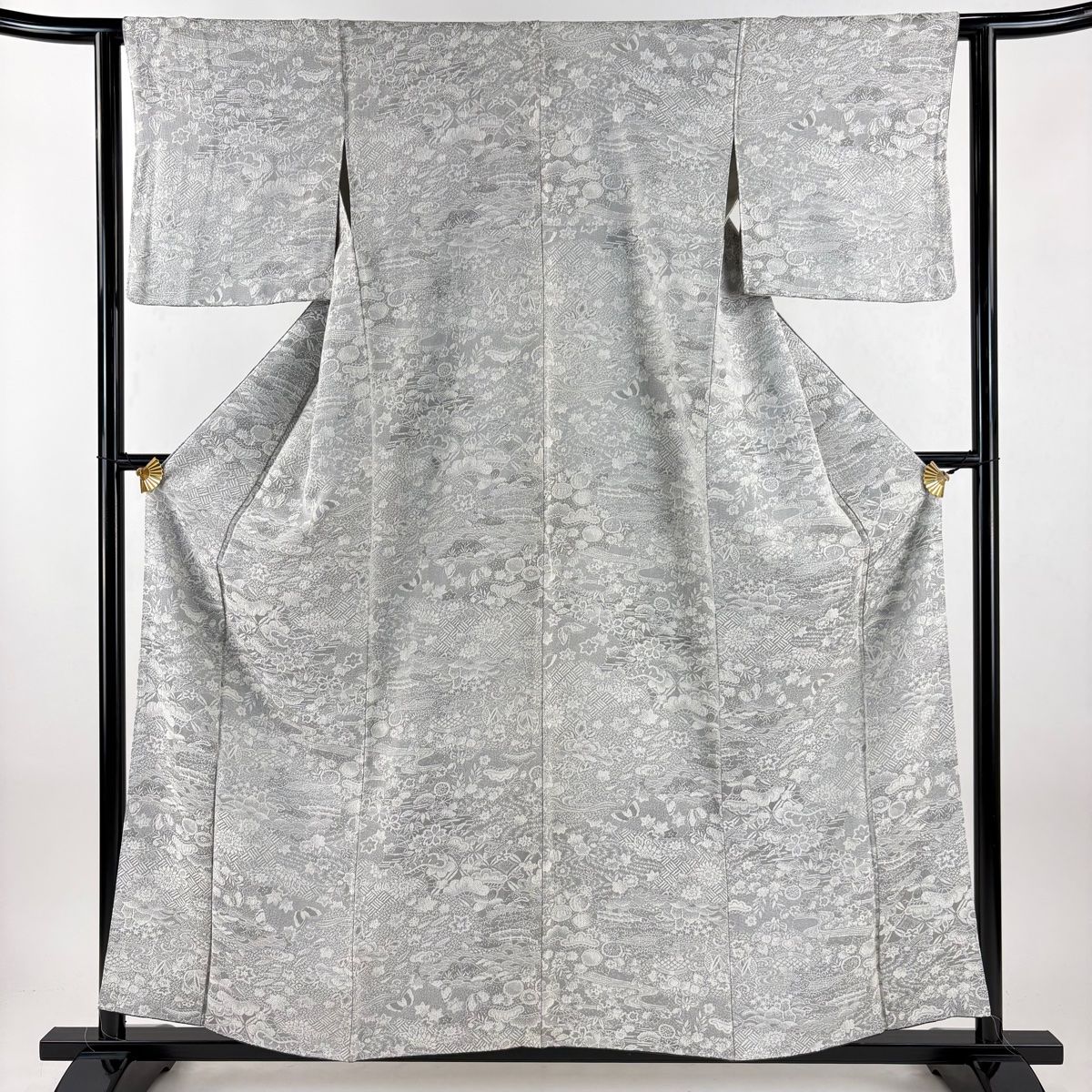 小紋 身丈159 cm 裄丈62 S 袷 草花 流水 紋意匠 灰色 正絹