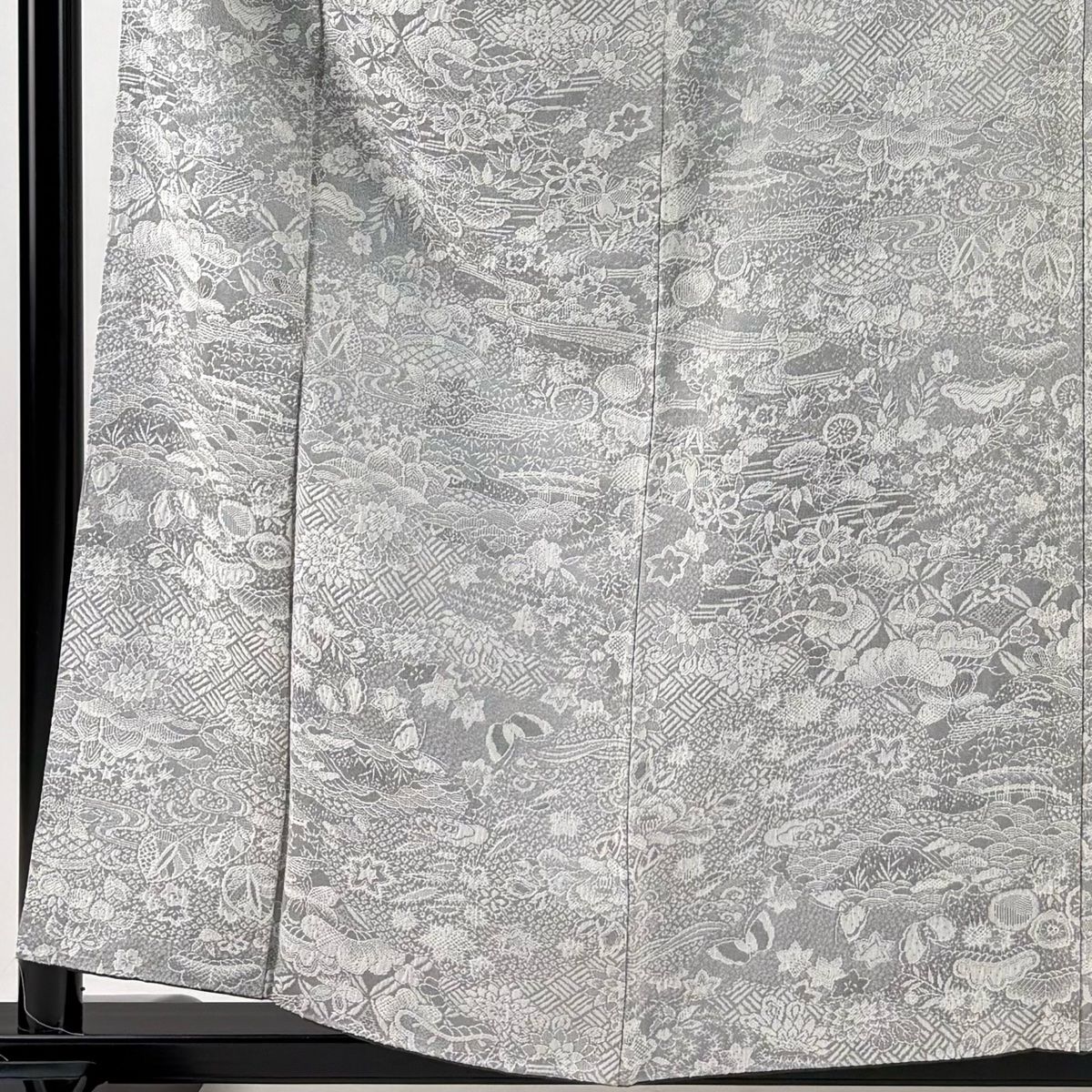 小紋 身丈159 cm 裄丈62 S 袷 草花 流水 紋意匠 灰色 正絹