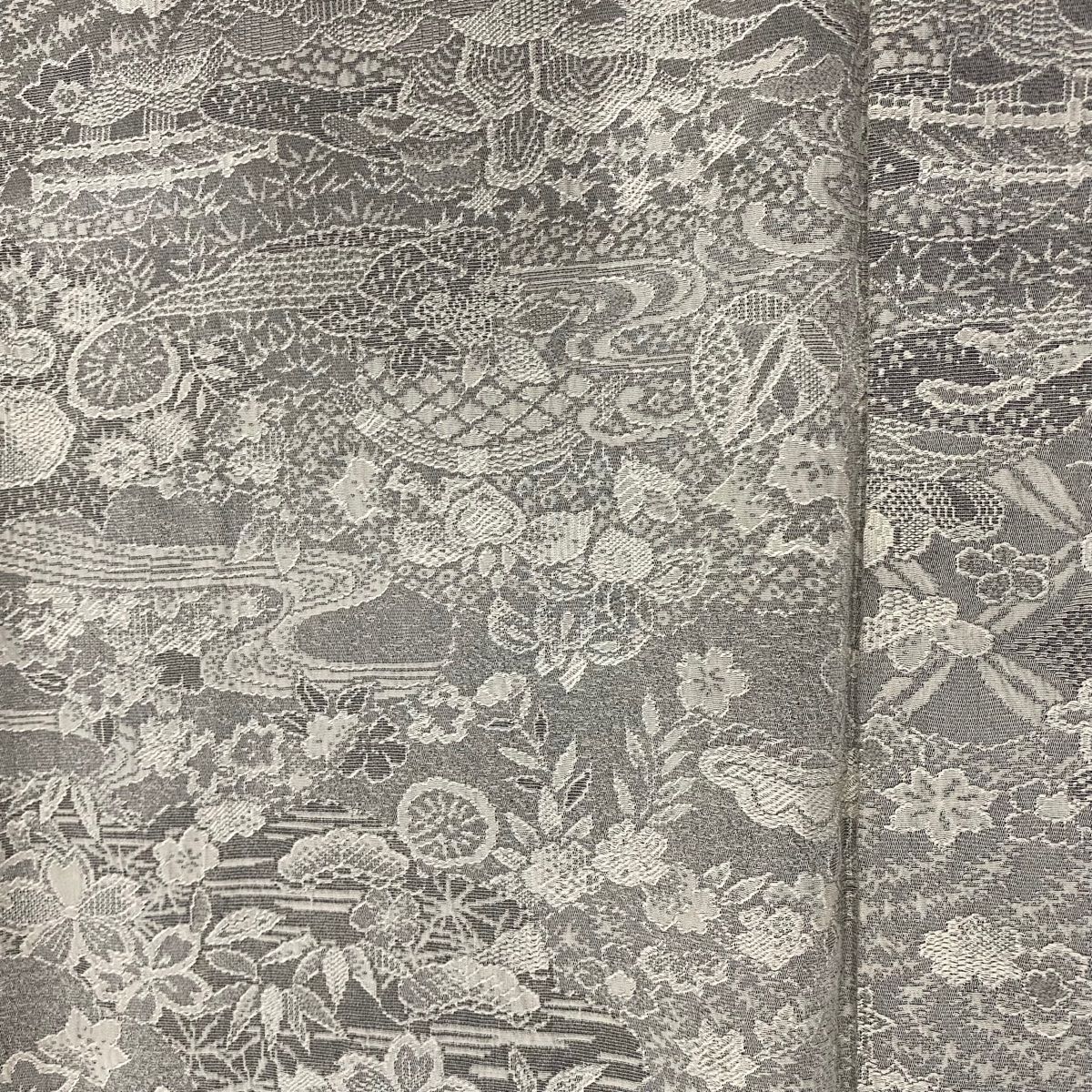  小紋 身丈159 cm 裄丈62 S 袷 草花 流水 紋意匠 灰色 正絹 小紋 着物