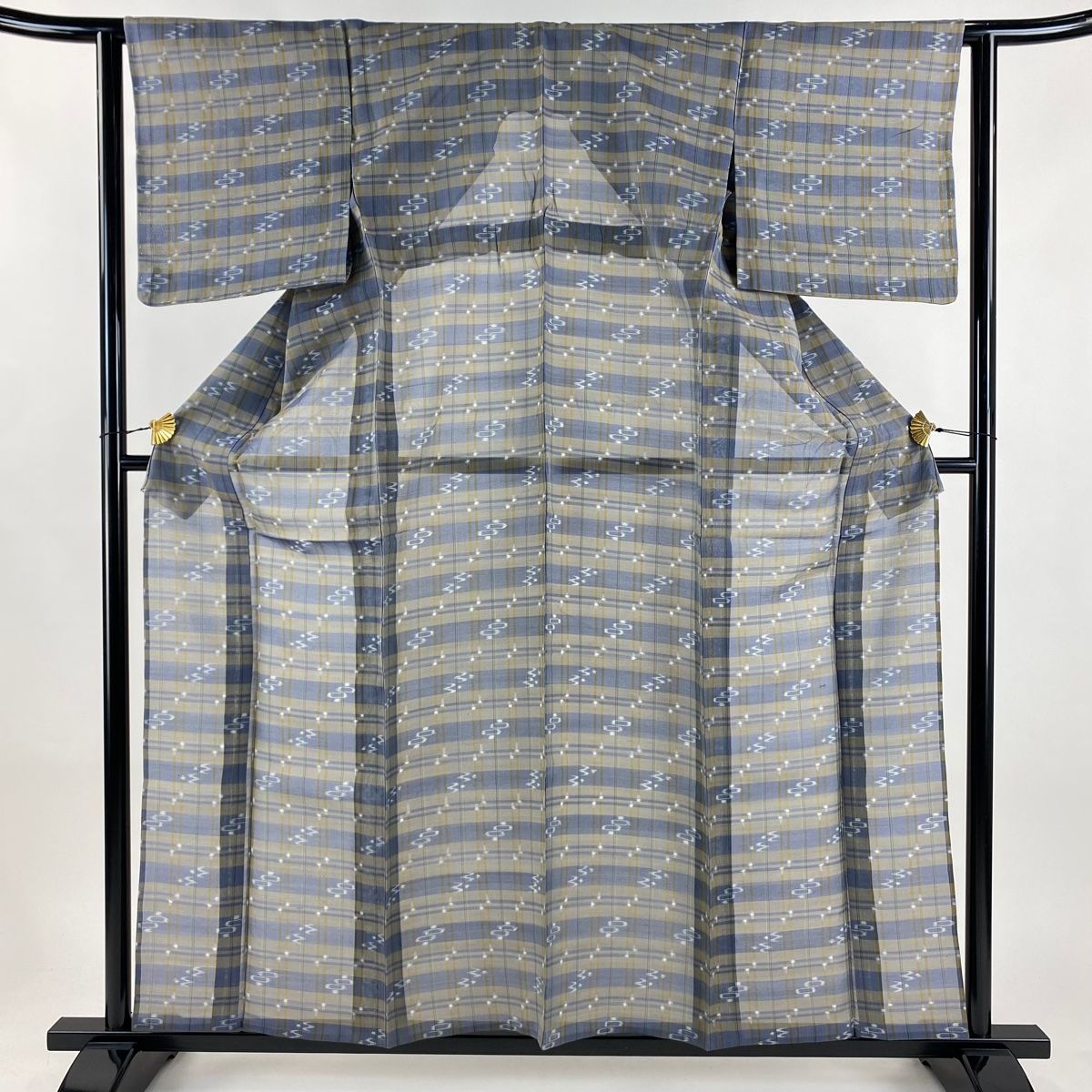 紬 身丈160 cm 裄丈62 S 薄物 格子 絣柄 灰色 正絹