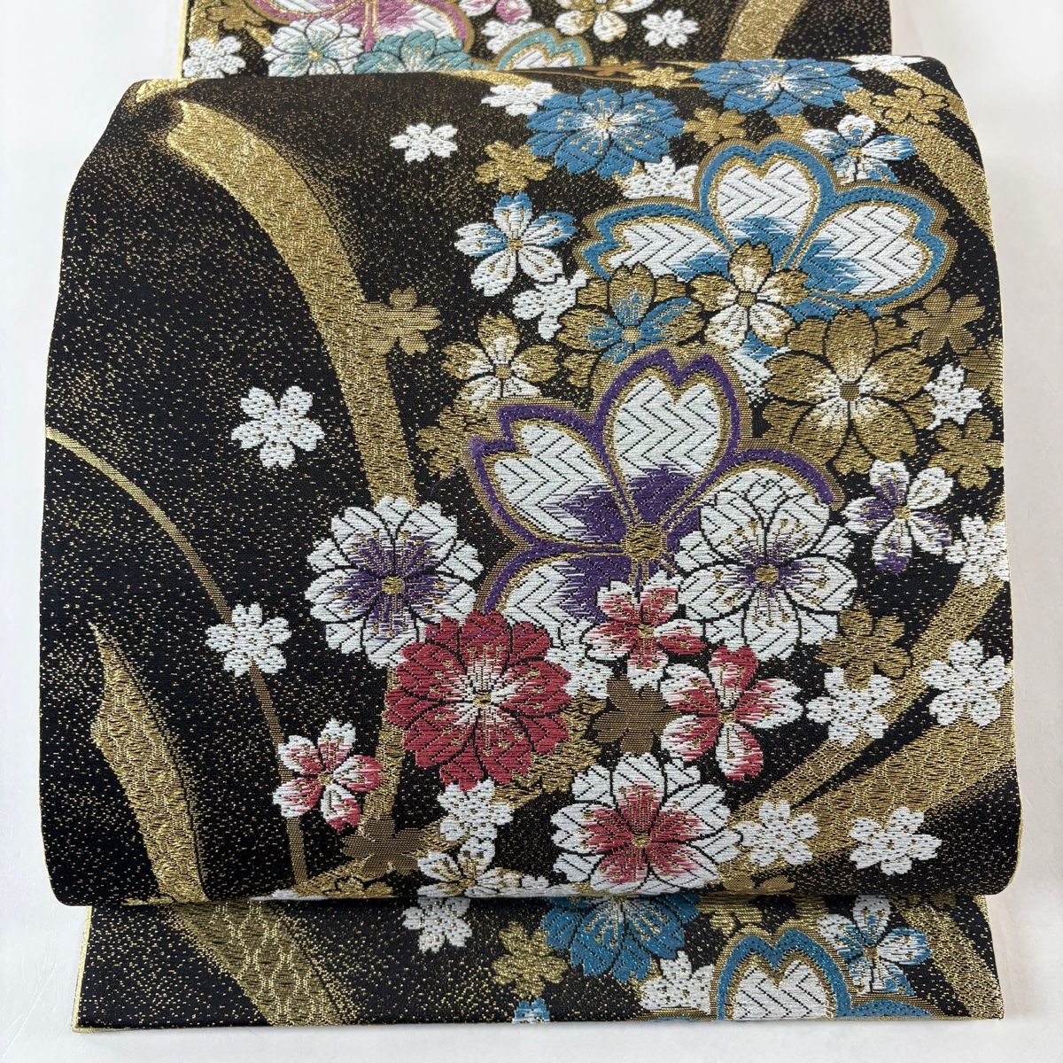美品】 袋帯 秀品 振袖向き 桜 七宝 金糸 箔 黒 六通 正絹 【中古