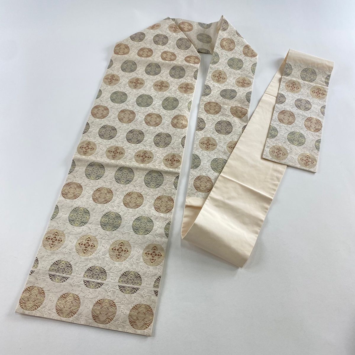  名古屋帯 秀品 丸文 華文 箔 クリーム 正絹 名古屋帯 帯