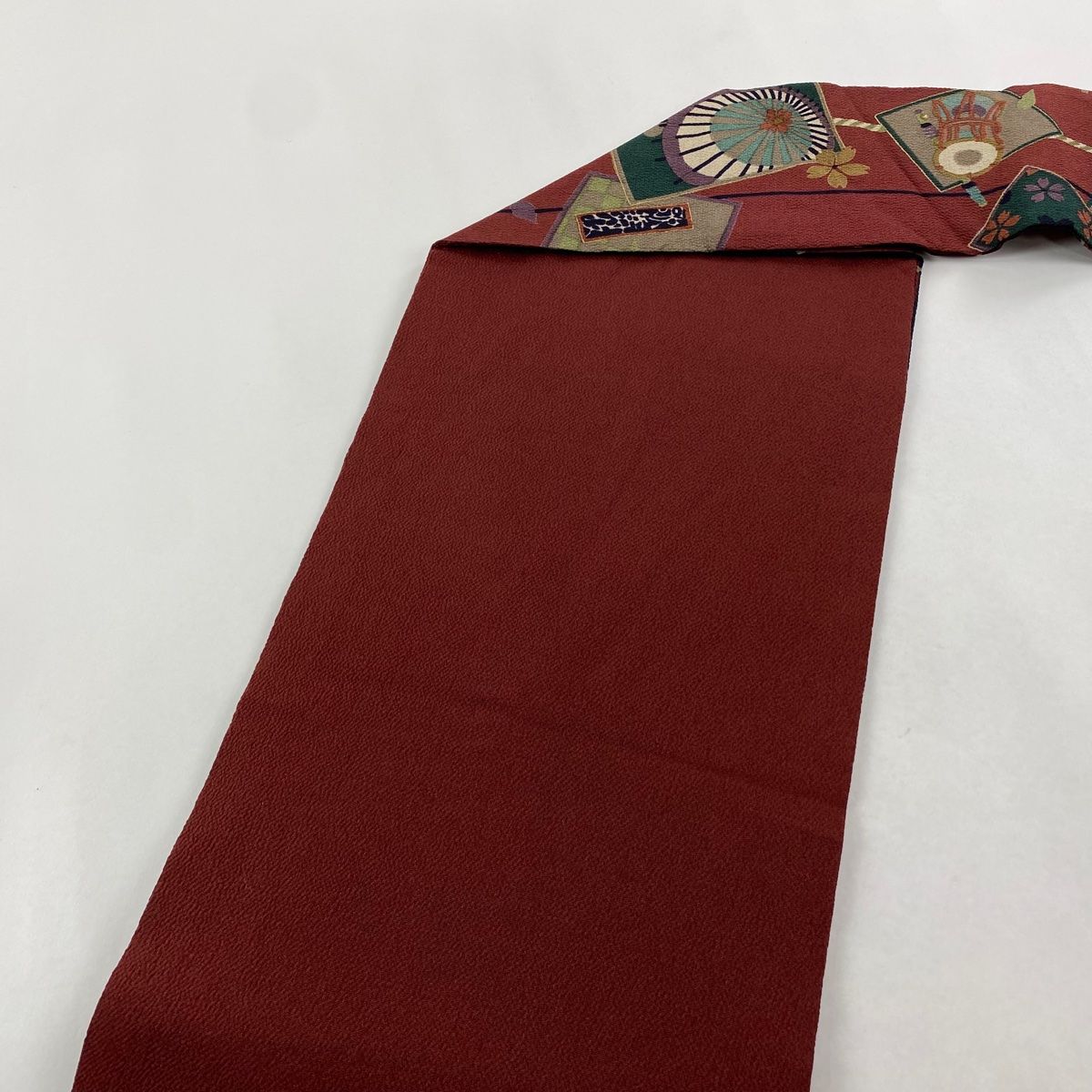  名古屋帯 秀品 番傘 鼓 縮緬 金彩 赤茶 正絹 名古屋帯 帯