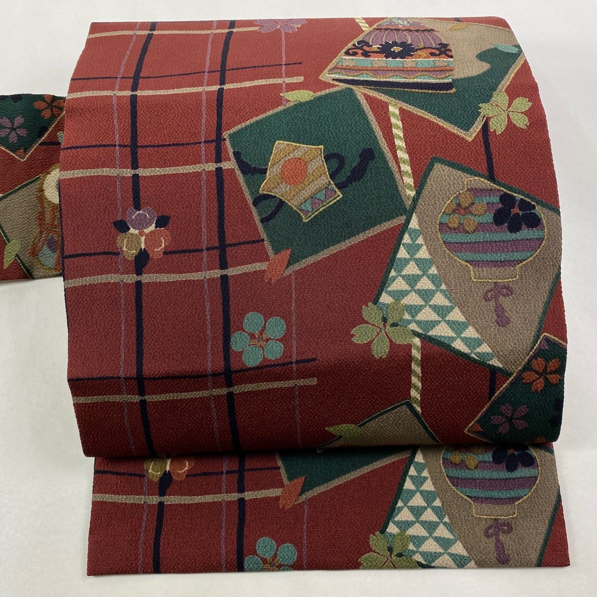 名古屋帯 秀品 番傘 鼓 縮緬 金彩 赤茶 正絹