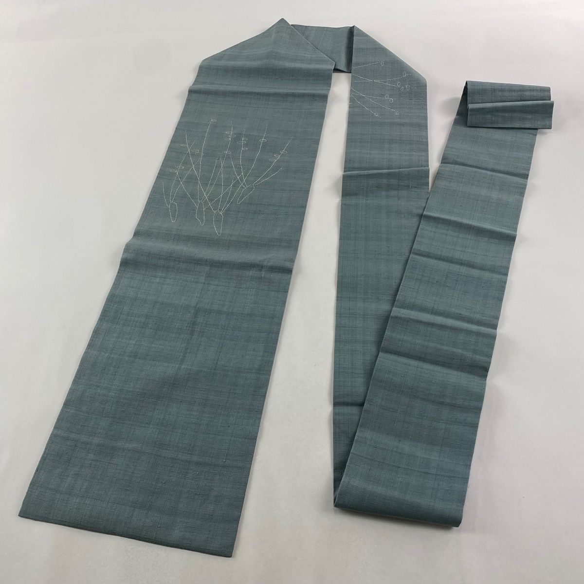  名古屋帯 秀品 幾何学 刺繍 灰緑 正絹 名古屋帯 帯