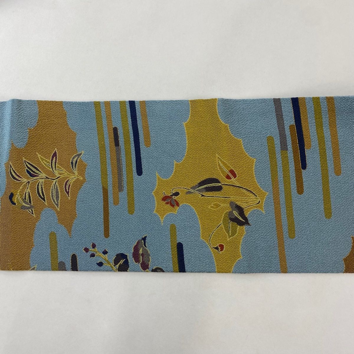  名古屋帯 秀品 逆さ雲取 草花 縮緬 青灰色 正絹 名古屋帯 帯