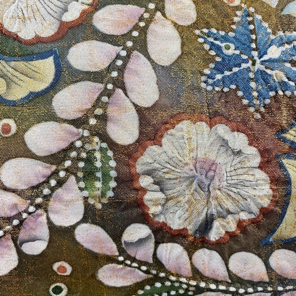 美品】 袋帯 秀品 落款 辻が花 金糸 青緑 お太鼓柄 正絹 【中古