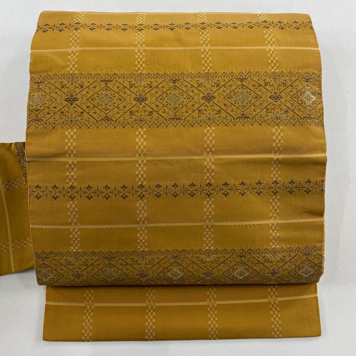 名古屋帯 秀品 菱 格子 金銀糸 山吹茶色 正絹