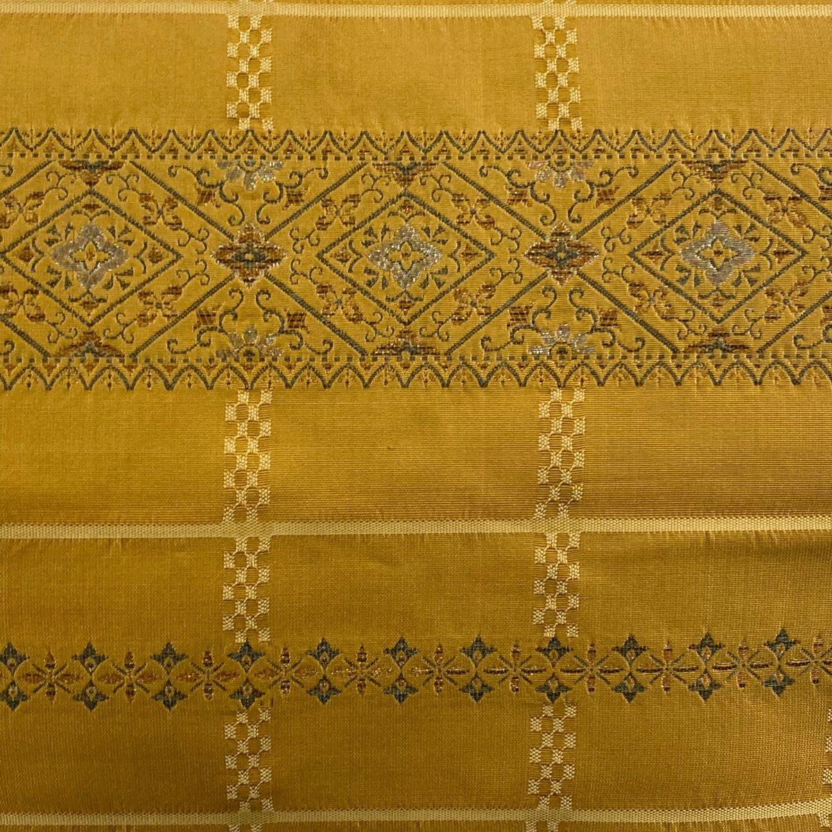 名古屋帯 秀品 菱 格子 金銀糸 山吹茶色 正絹