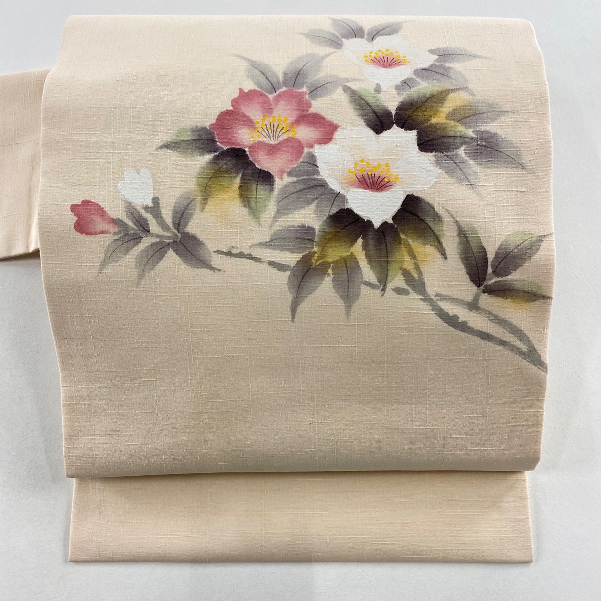 名古屋帯 秀品 落款 紬地 枝花 ベージュ 正絹