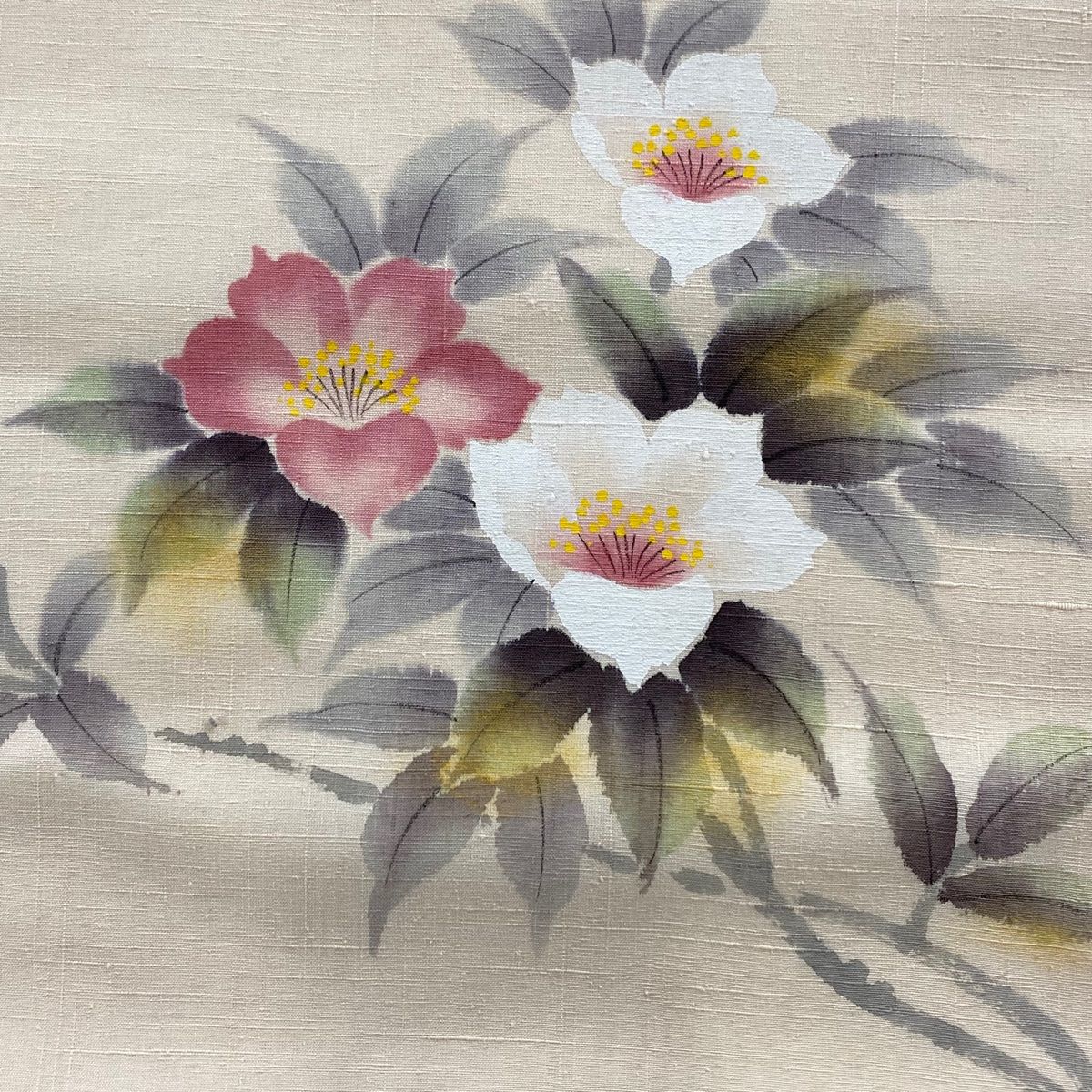 名古屋帯 秀品 落款 紬地 枝花 ベージュ 正絹