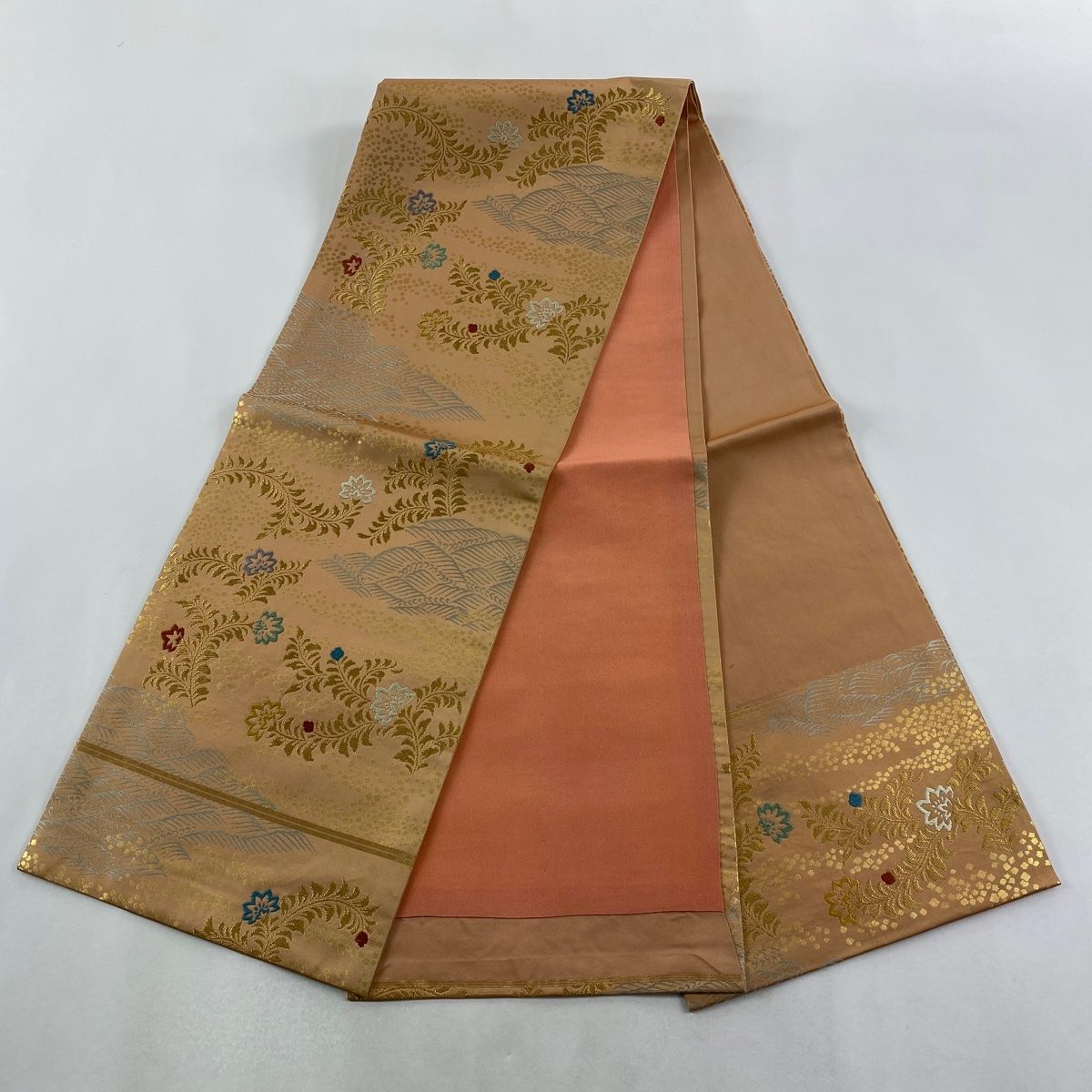  開き名古屋帯 秀品 草花 波 金糸 薄茶色 正絹 名古屋帯 帯