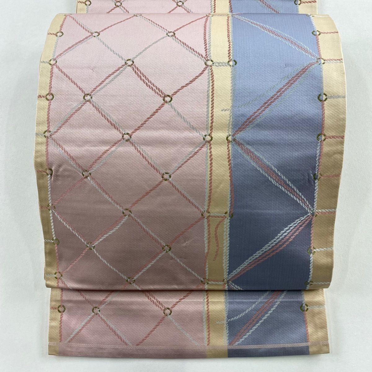 袋名古屋帯 秀品 関西仕立て 紬地 斜め格子 ピンク 正絹
