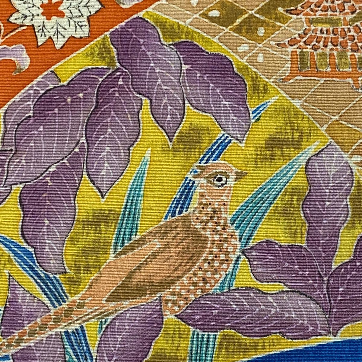 名古屋帯 秀品 鳥 花唐草 染め分け 青 正絹