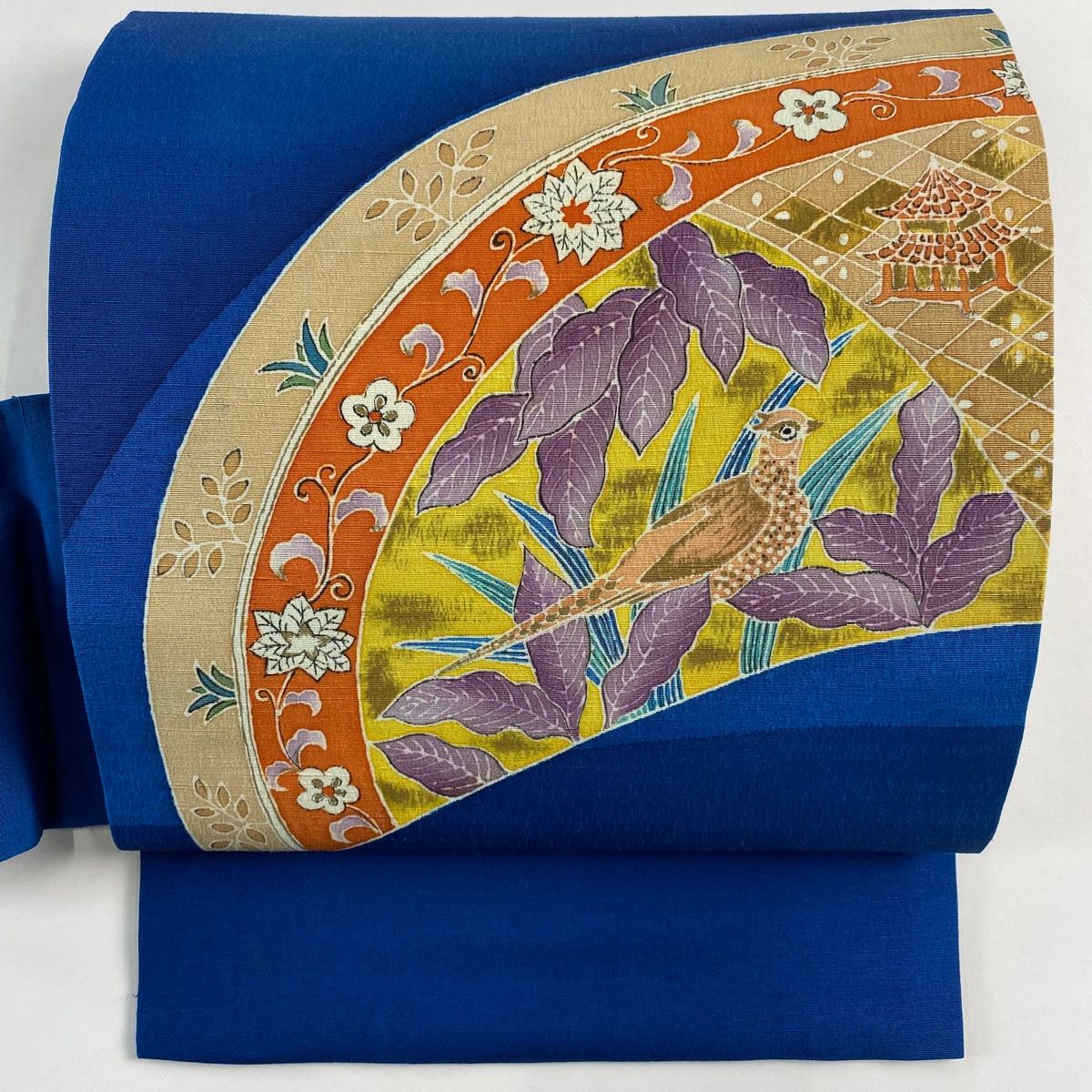 名古屋帯 秀品 鳥 花唐草 染め分け 青 正絹