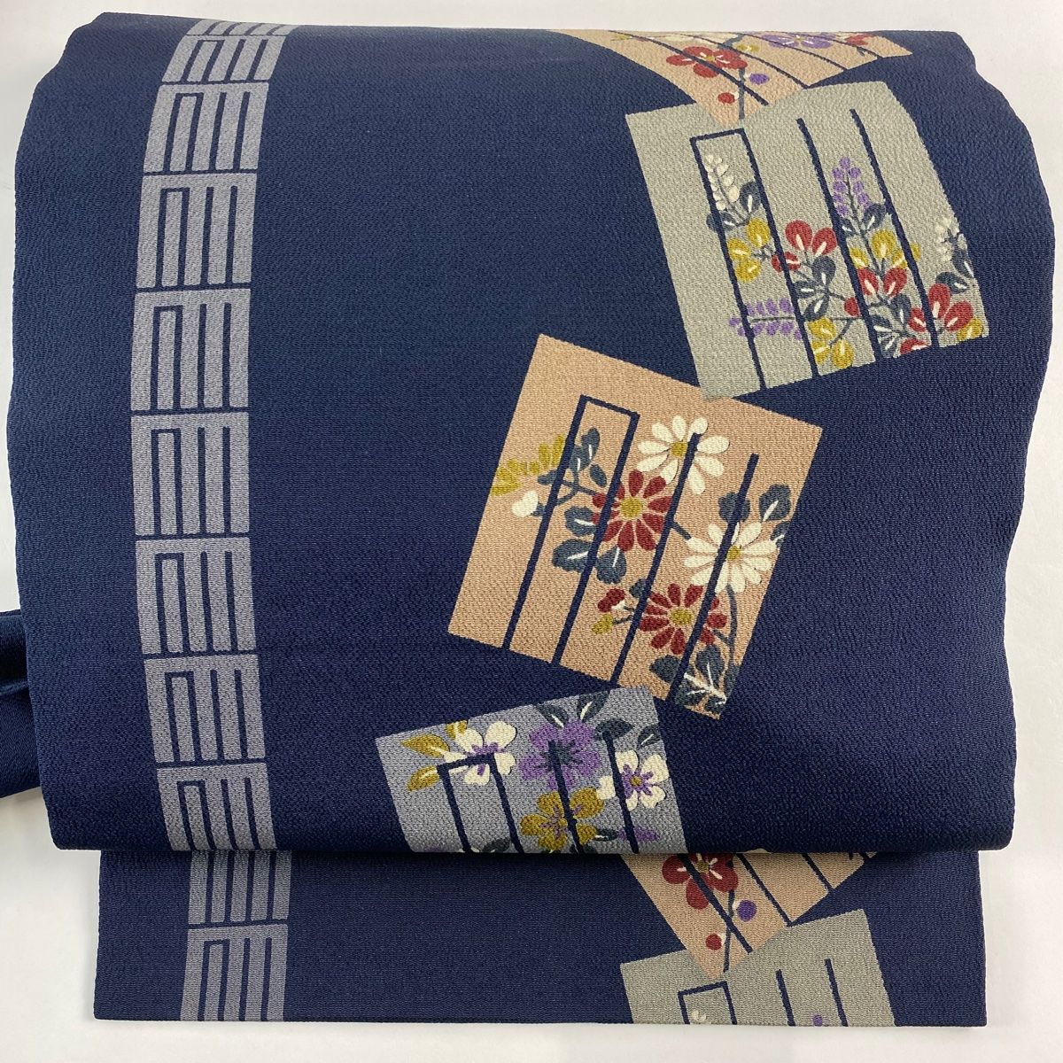 名古屋帯 秀品 源氏香 草花 縮緬 濃紺 正絹