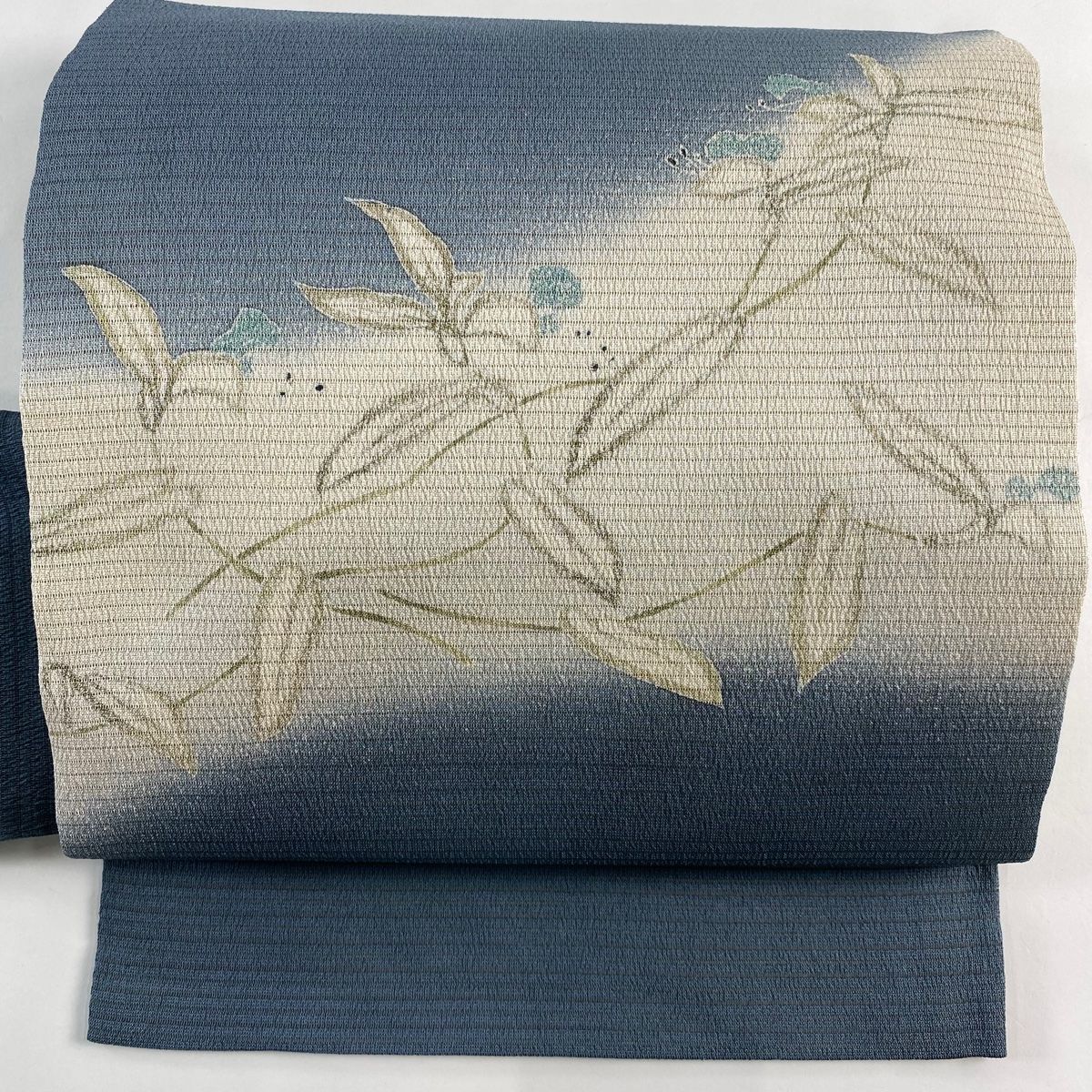 名古屋帯 秀品 夏帯 絽 草花 青灰色 正絹