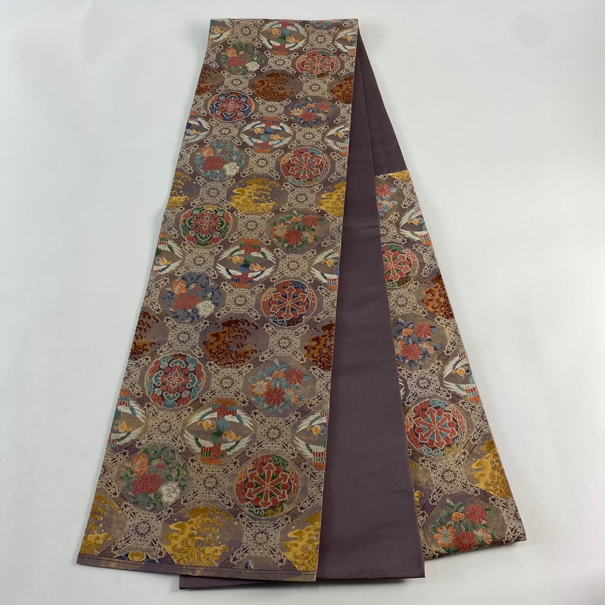 美品】 袋帯 秀品 蜀江華文 花鳥 刺繍 金糸 灰紫 六通 正絹 【中古