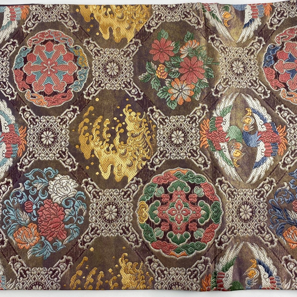 美品】 袋帯 秀品 蜀江華文 花鳥 刺繍 金糸 灰紫 六通 正絹 【中古