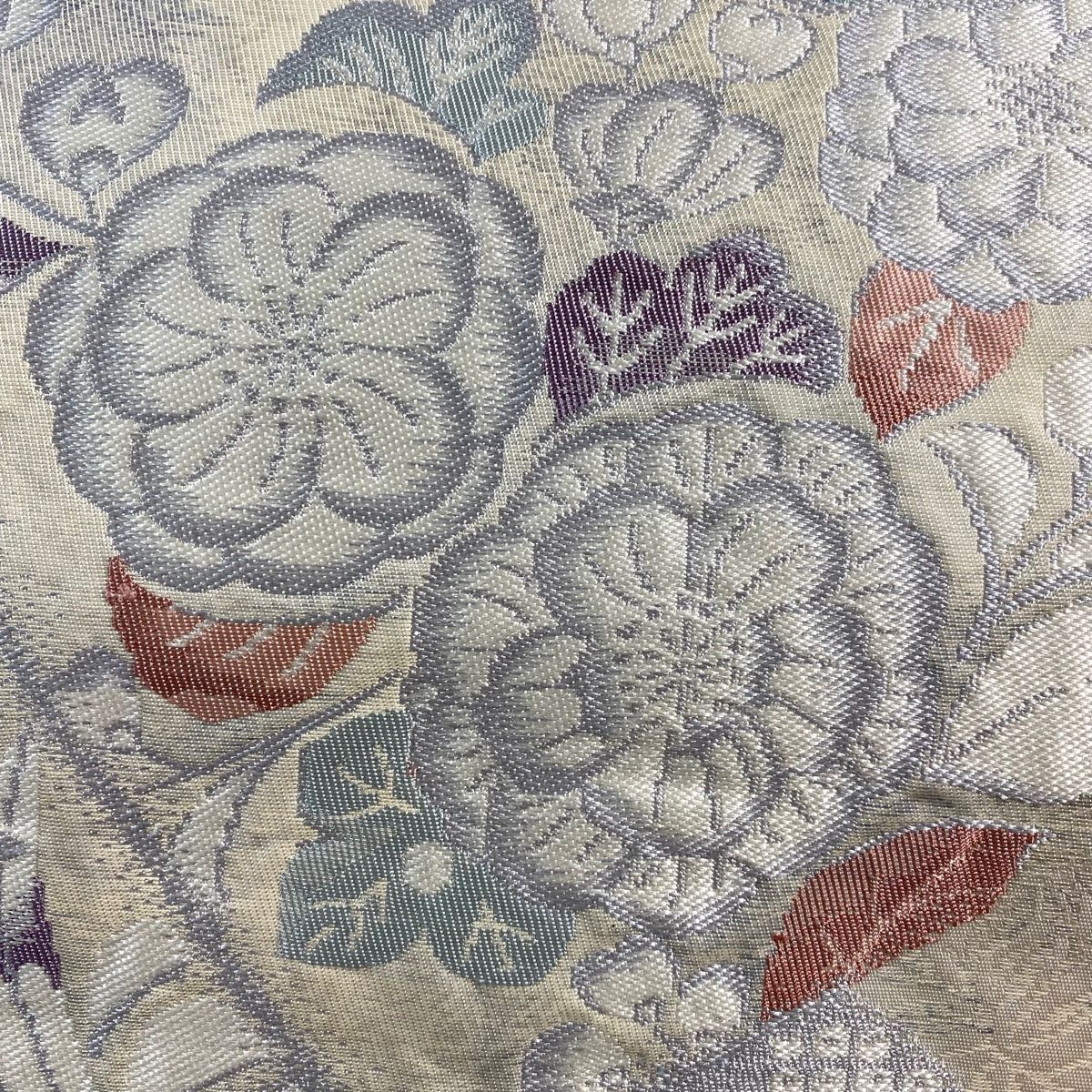 名古屋帯 秀品 色紙 草花 刺繍 ベージュ 正絹