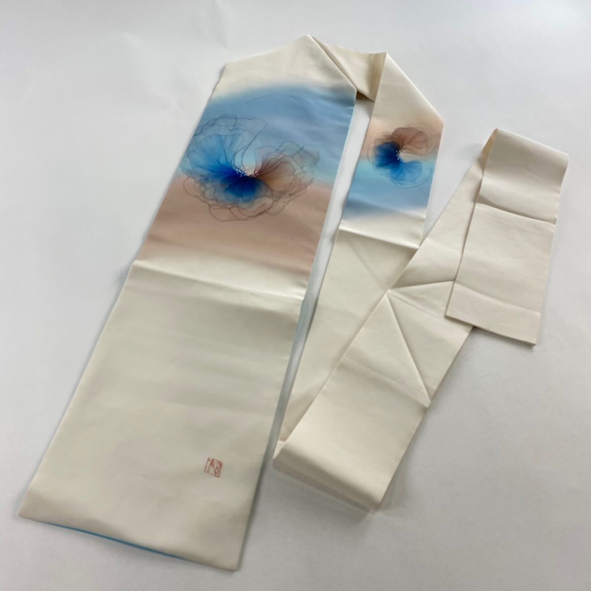  名古屋帯 秀品 大久保玄才 落款 花 染め分け ぼかし クリーム 正絹 名古屋帯 帯