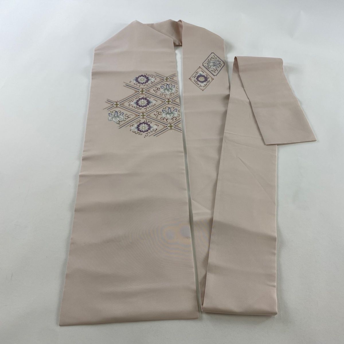  名古屋帯 秀品 塩瀬 格天井 花唐草 薄ピンク 正絹 名古屋帯 帯